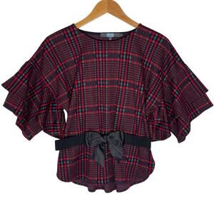 ANTHROPOLOGIE EVA FRANCO Women’s Red Plaid Belted Flutter Sleeve Top